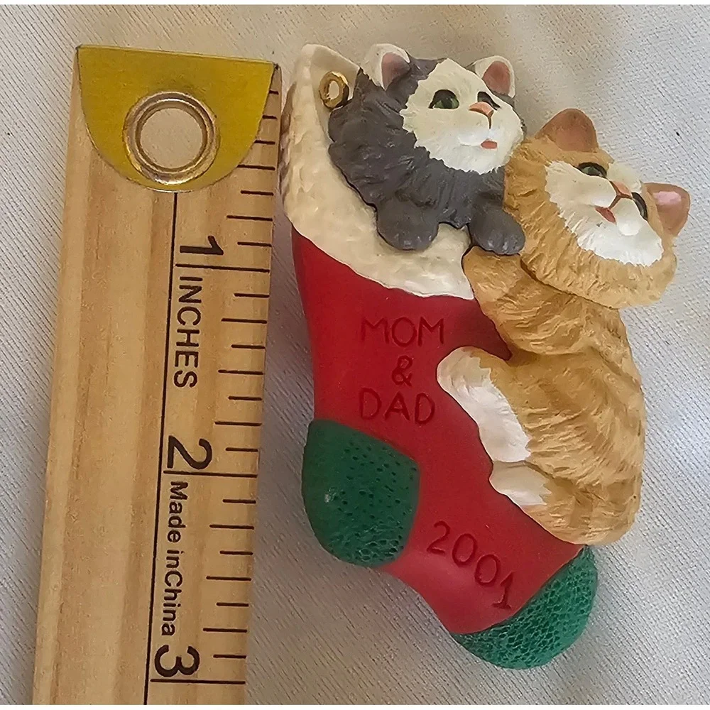 VTG Hallmark Ornament Red Mom & Dad 2004 Kittens in Stocking Christmas Cat Decor